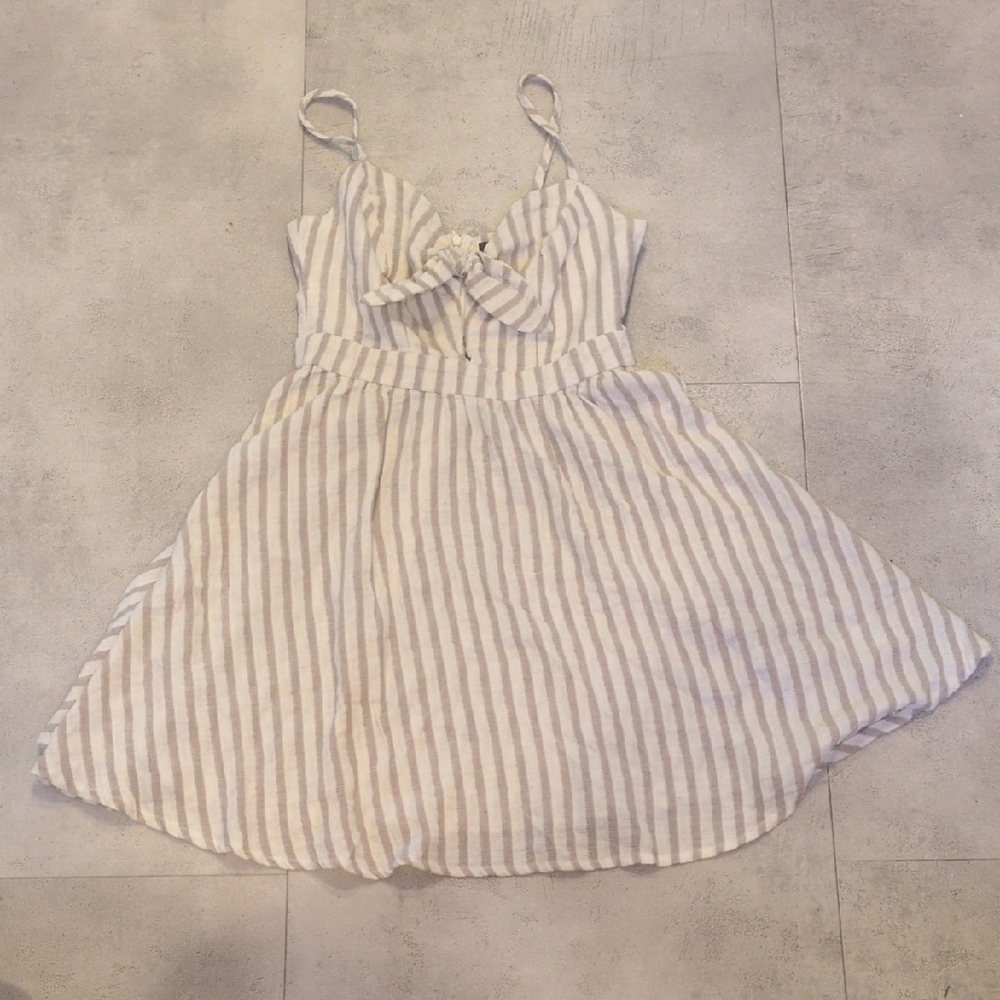 &Merci Brand Striped Tie-Front Mini Dress in Beige and White